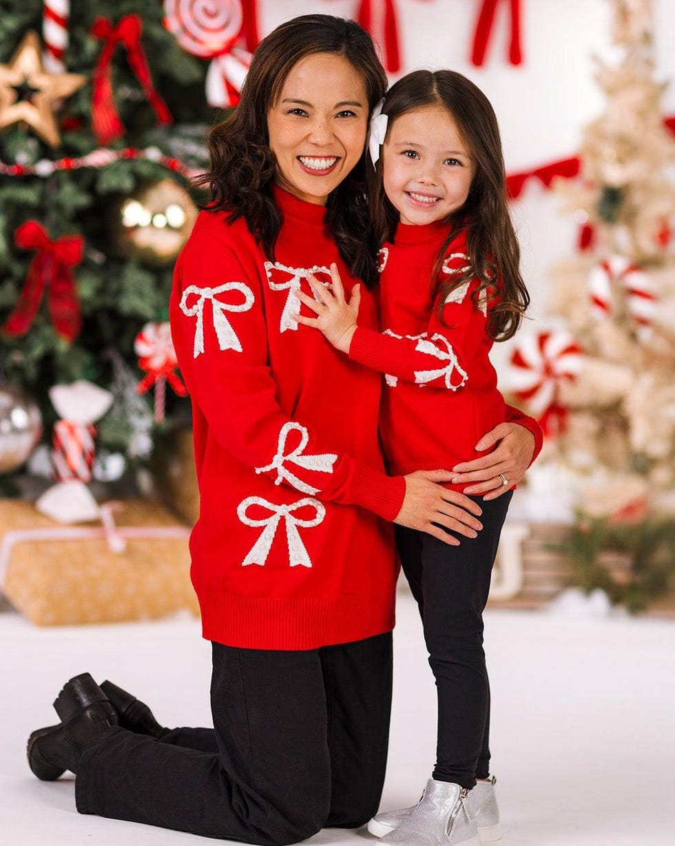Mom & Me Red Pearl Bow Sweater