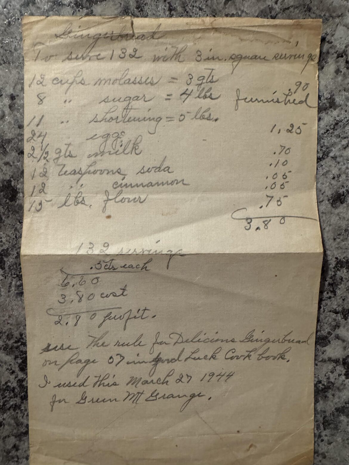 1944 gingerbread recipe.  Maybe cookies, maybe bread?