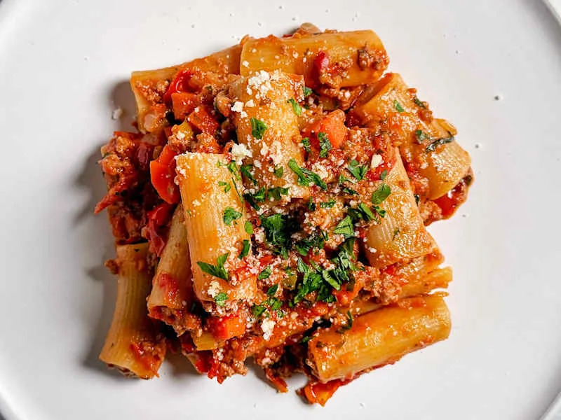 Pasta bolognese on plate.