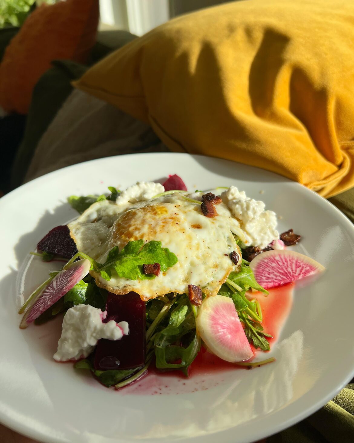 Arugula, bacon vinaigrette, pickled beets, watermelon radish, cottage cheese