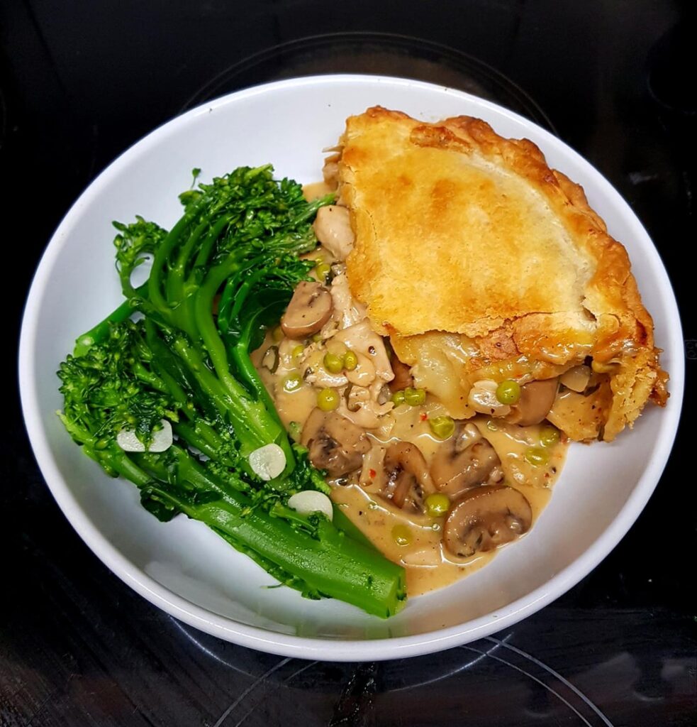 Chicken, Chestnut Mushroom and Pea Pie. Cheesy Cream Sauce and Suet Pastry Crust. Sauteéd Garlic Broccoli.