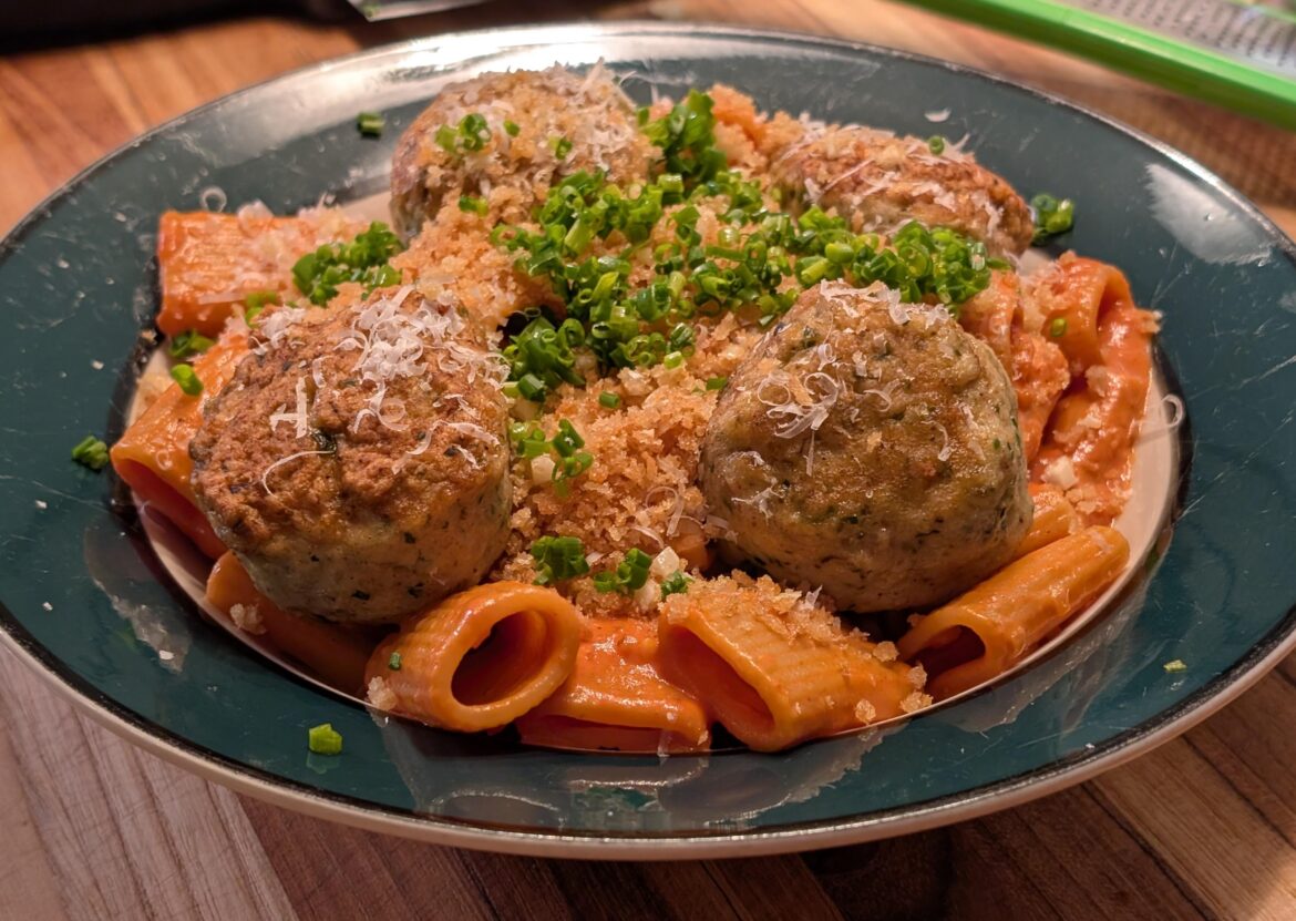 Mezzi Rigatoni with Spicy Gochujang Tomato Sauce & Chicken Parmesan Meatballs