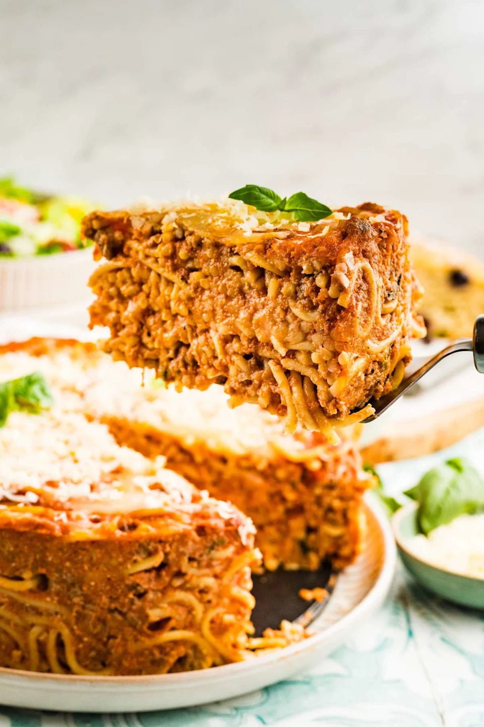 A close up shot spaghetti pie.