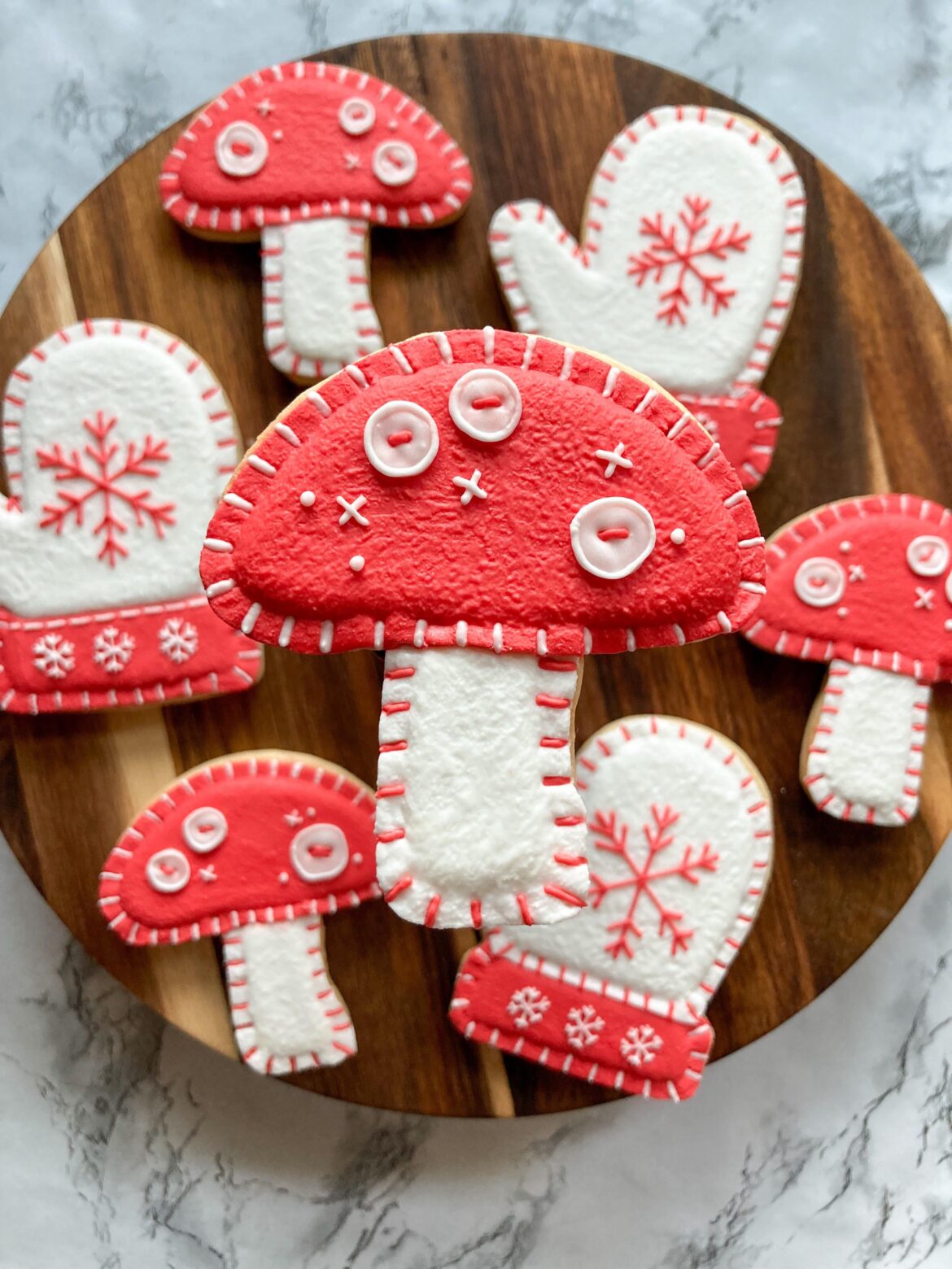 I took the felt ornament online class from Sonja’s Cookie Jar and it was so good! I used the technique to make my own designs. I really love the mushrooms