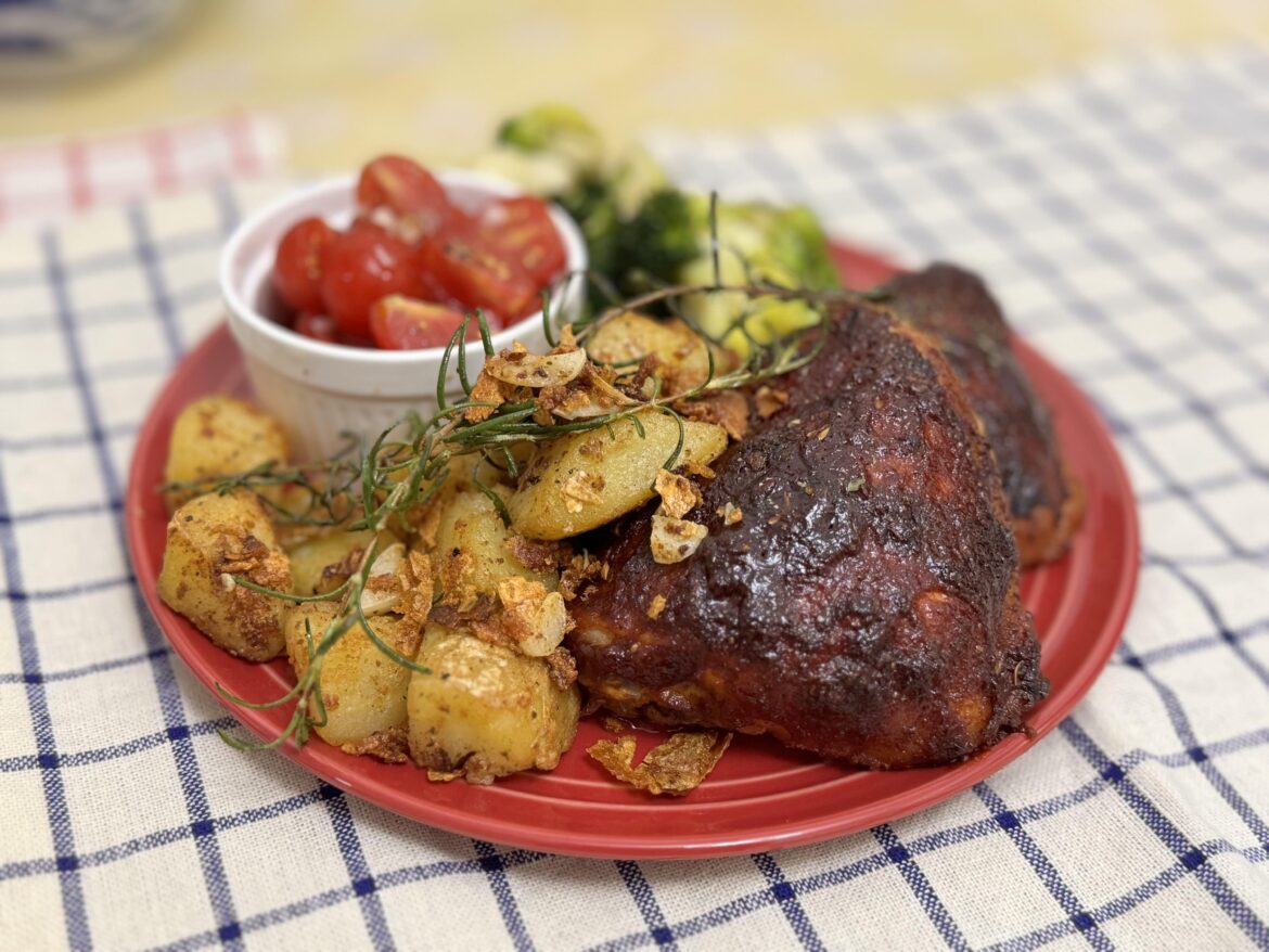 Oven Baked Barbecue Chicken Legs and Home Fries