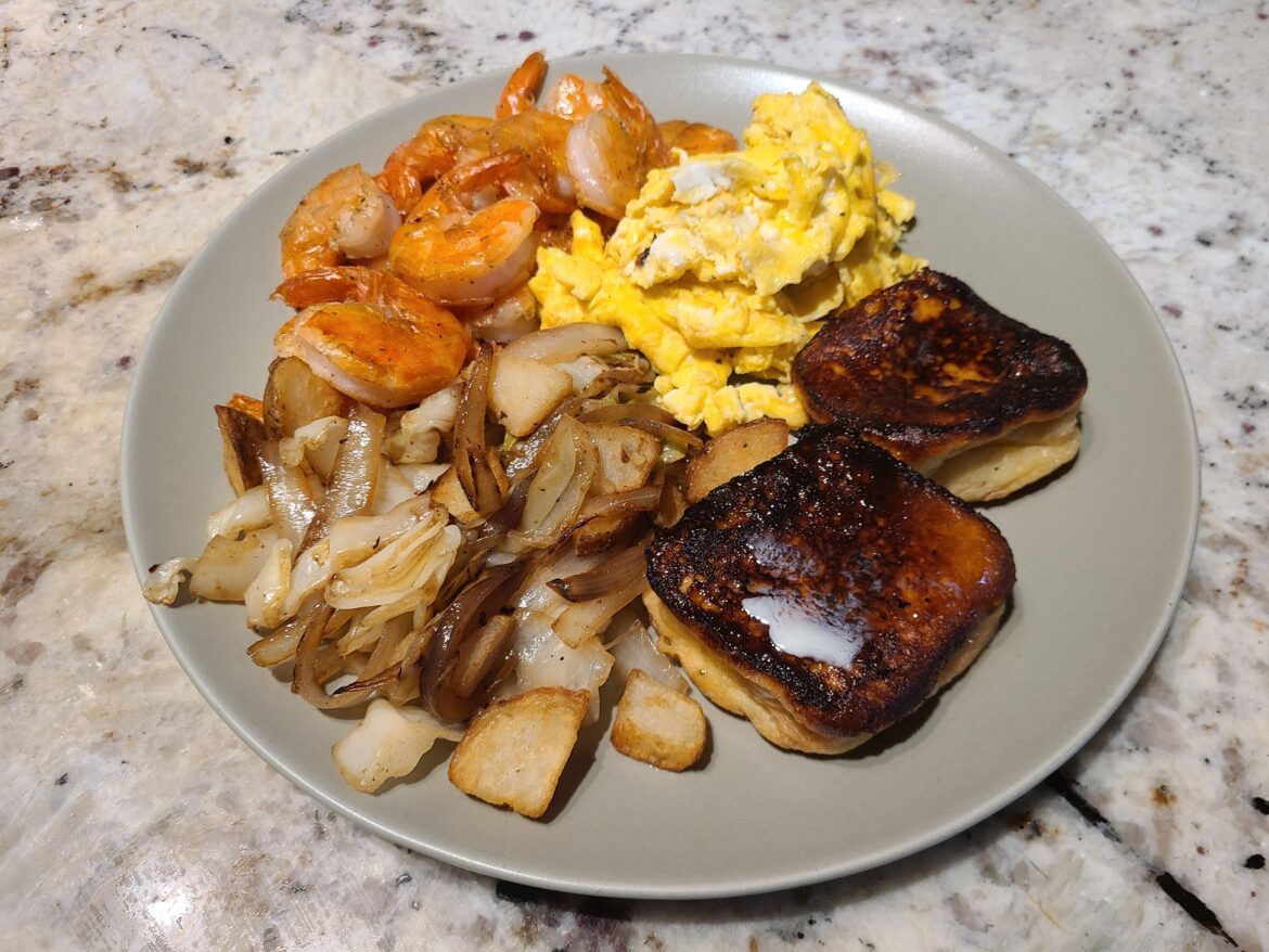 Hawaiian Roll French Toast, Shrimp, Eggs, Fried Potato, and Sauteed Vabbage + Onion