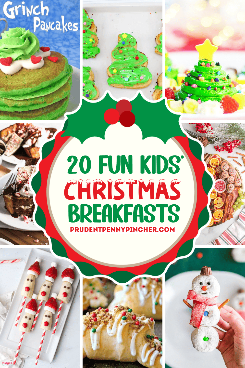 A festive collage of kid-friendly Christmas breakfast ideas including Grinch pancakes, Christmas tree eclairs, pancake stacks shaped like Christmas trees, peppermint French toast, Santa banana pops, reindeer crescent rolls, and a donut snowman.