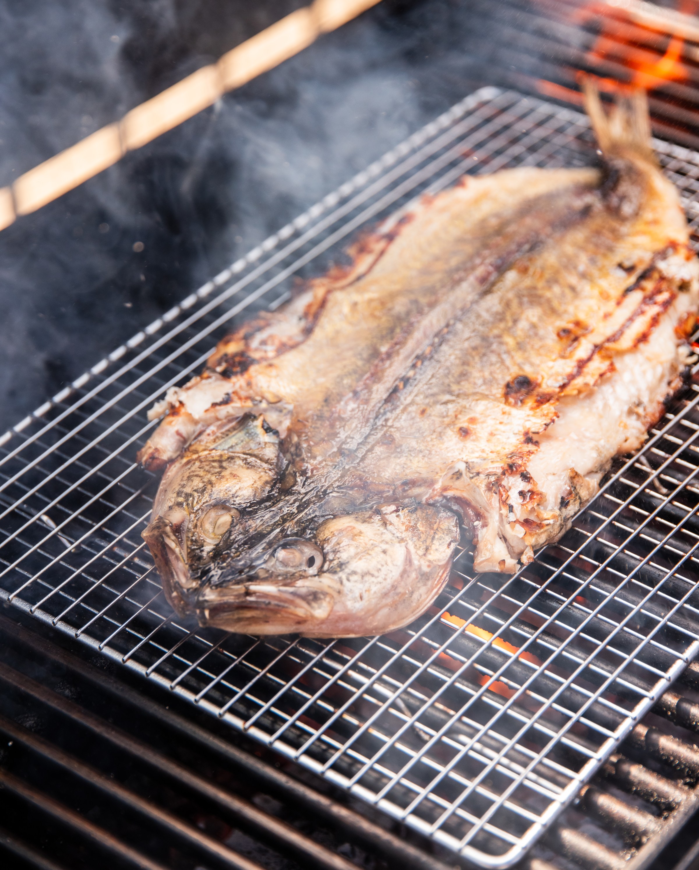 A whole fish being cooked over an open fire.