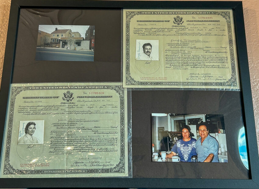 Maria Terranova Royer's parents' naturalization papers, on display in the restaurant.