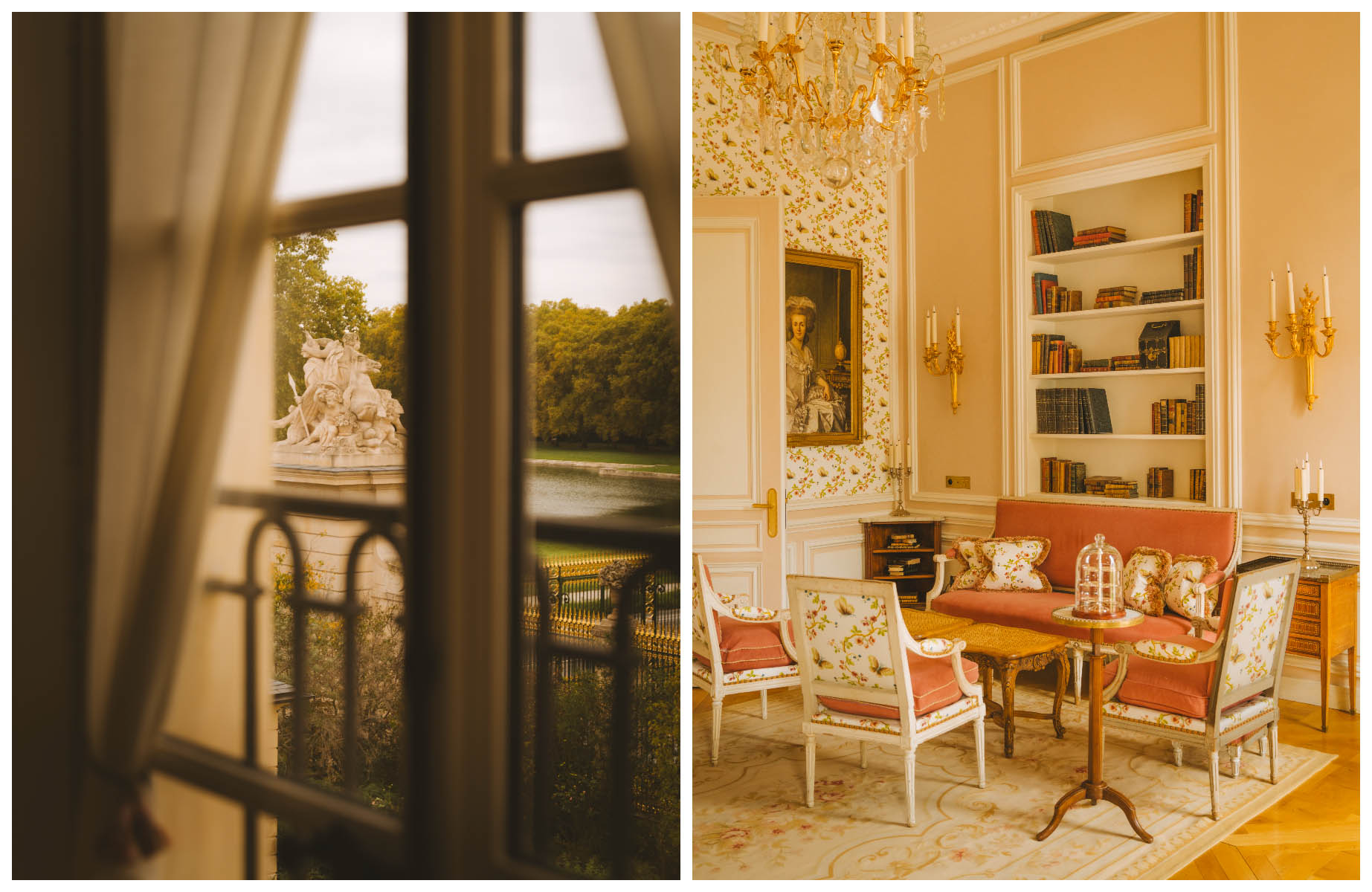 View of the gardens of the Palace of Versailles from a room at the Airelles Château de Versailles hotel. © Joann Pai/The MICHELIN Guide