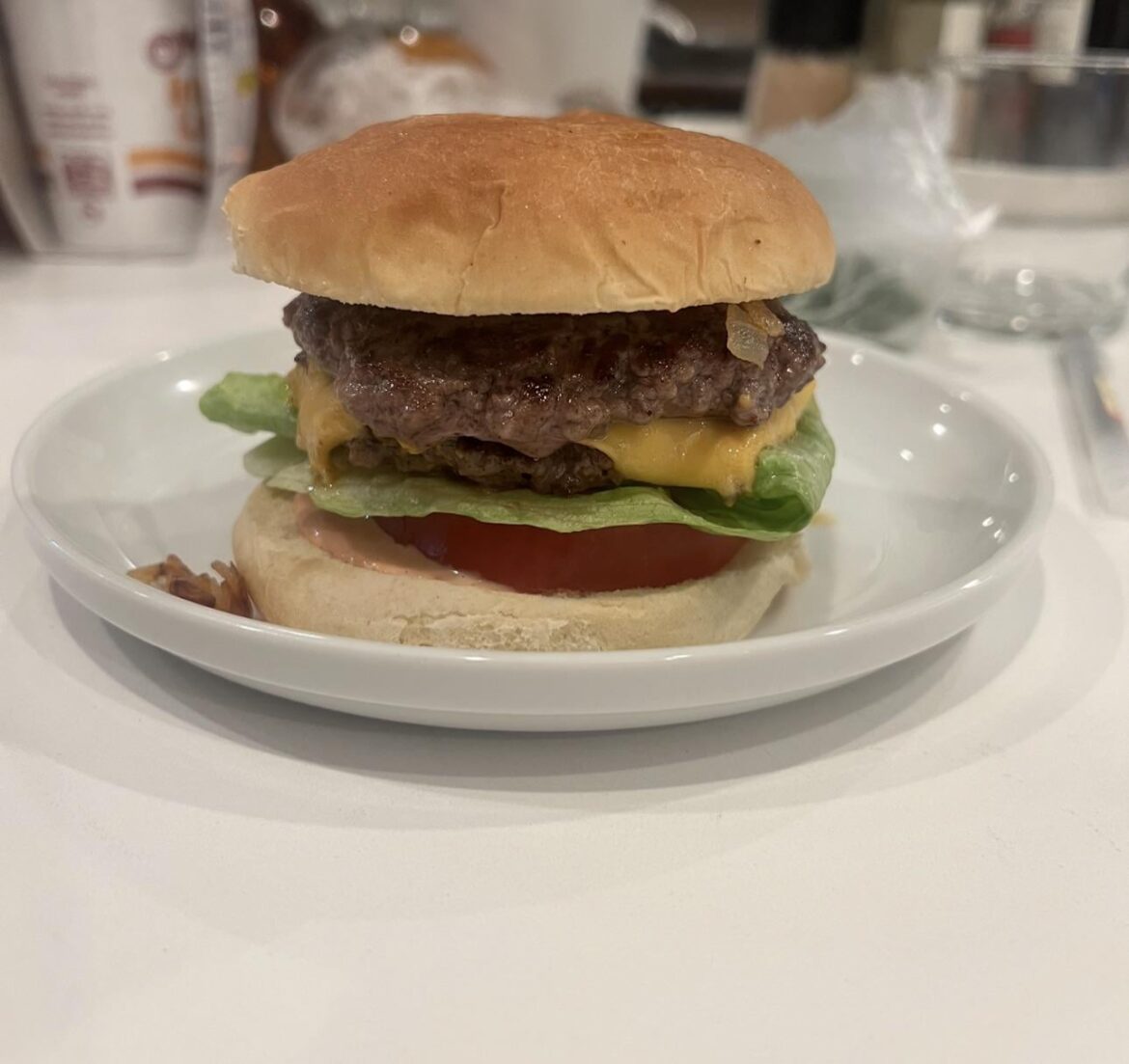 In n out style cheeseburger at home (mustard fried too) and caramelized onions