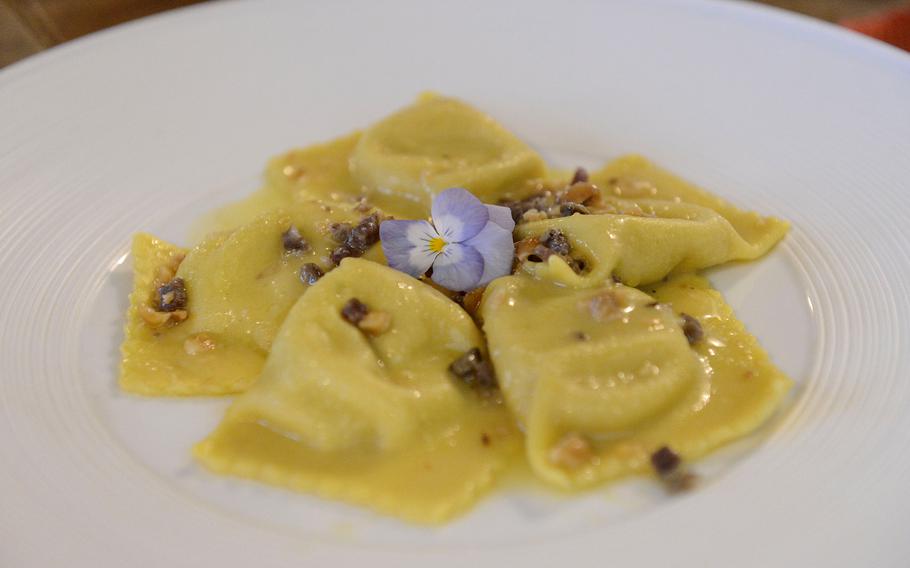 Ravioli stuffed with pumpkin as served at Osteria Turlonia in Fiume Veneto, Italy. The restaurant is owned by a husband-and-wife team and serves dishes that embody the slow-food movement.