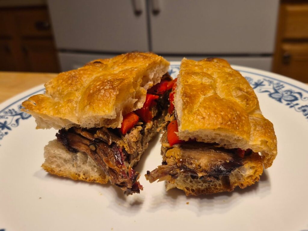 Smoked Beef Chuck and Roasted Red Peppers on Homemade Focaccia