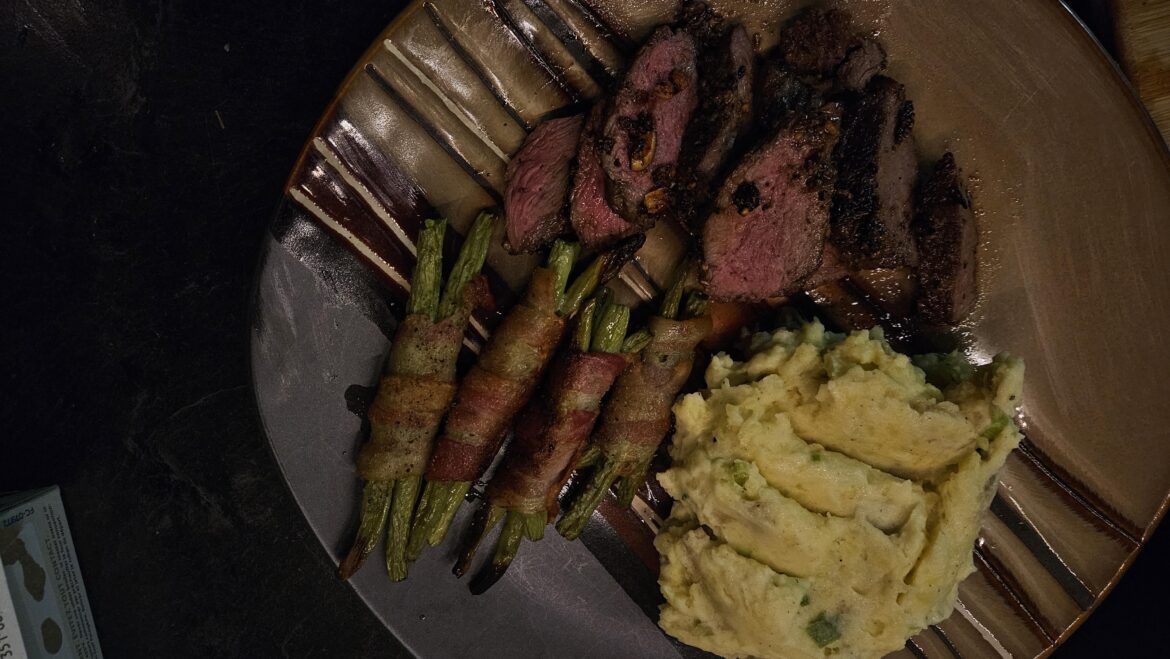 Bacon wrapped green beans, steak and mashed potatoes!