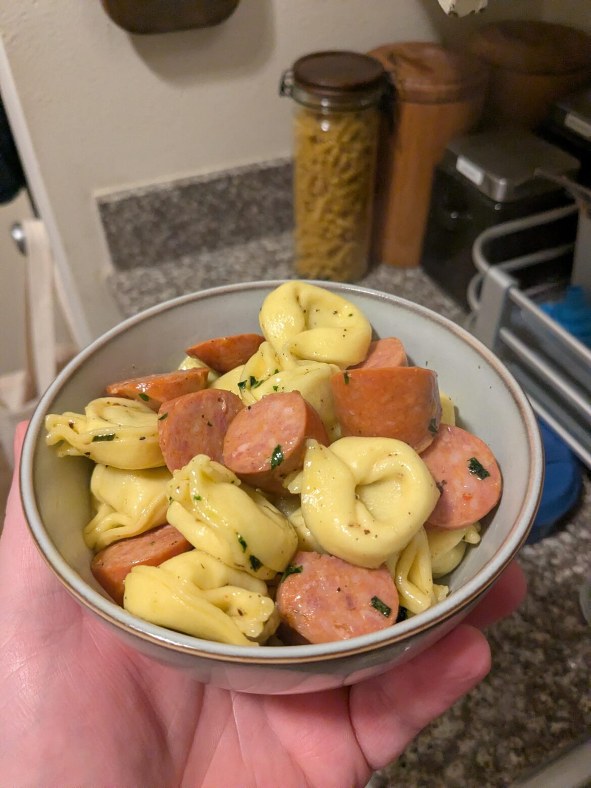 Tortellini and chorizo in a quick butter sauce.