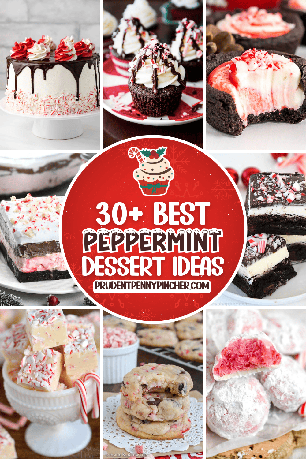 A collage of festive Christmas peppermint desserts including peppermint cake with chocolate ganache, frosted cupcakes topped with crushed candy canes, peppermint cheesecake bites, layered chocolate peppermint lasagna, white chocolate peppermint fudge, peppermint snowball cookies, and peppermint brownies.