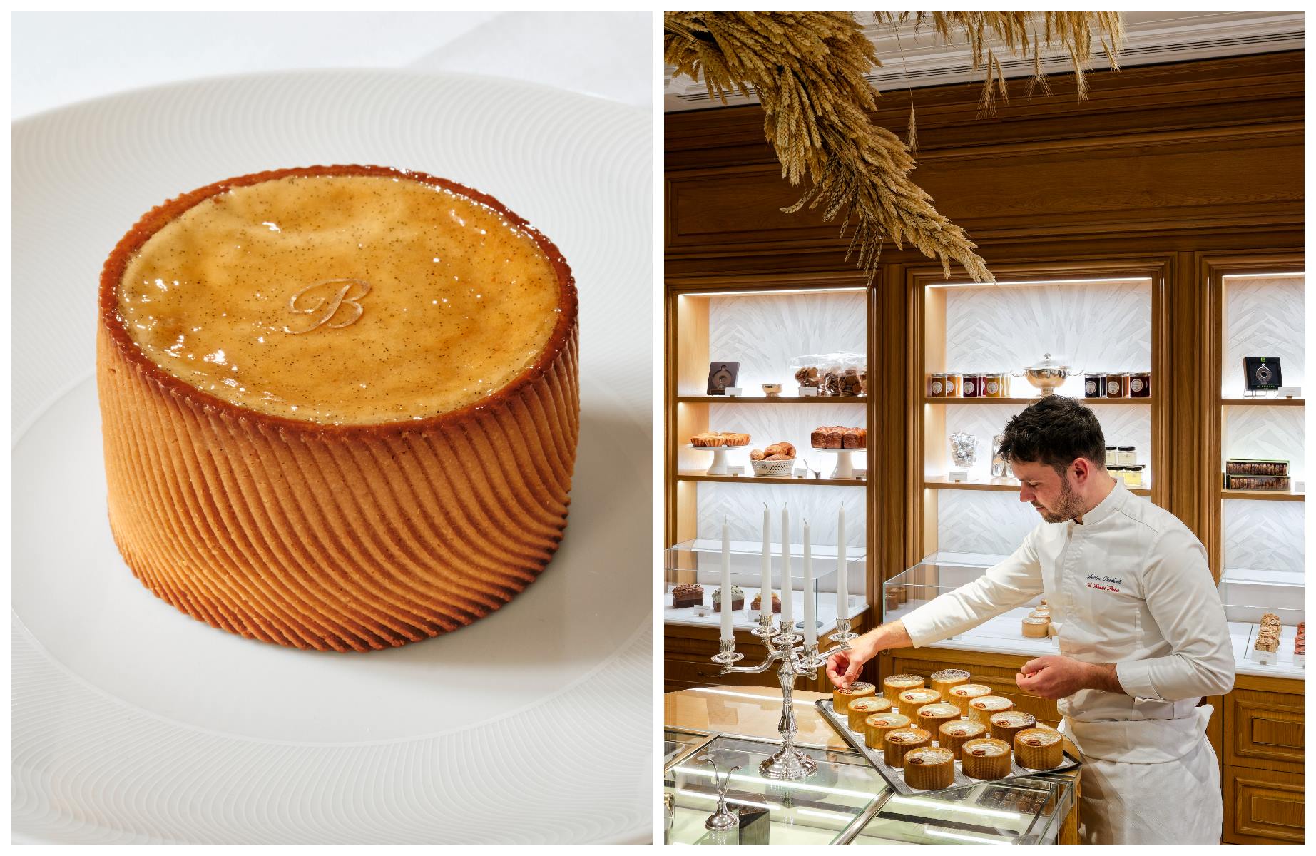Master Pastry Chef Maxence Barbot's signature vanilla and pecan flan at Le Bristol Hotel. © (L) Pierre Lucet-Penato - flan vanille pécan; (R) Le Bristol Paris - Epicerie