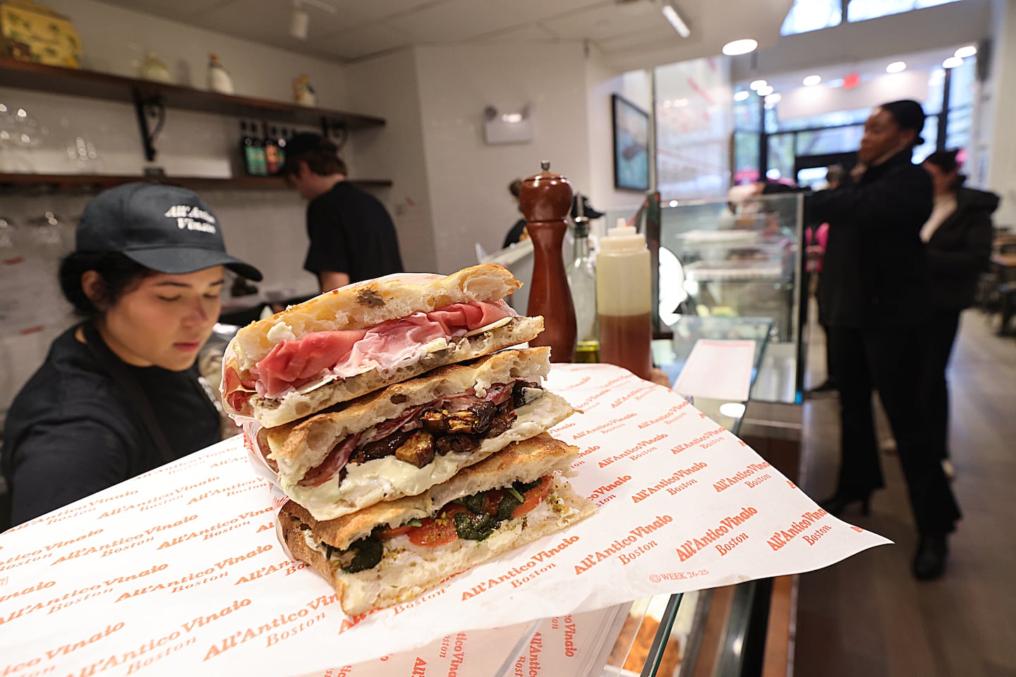 Sandwiches rest atop the counter at All'Antico Vinaio.
