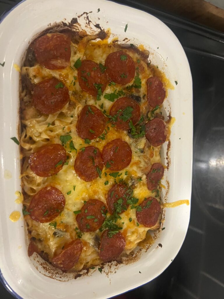 Keto pasta bake - cheesy chicken, bacon and mushroom tagliatelle