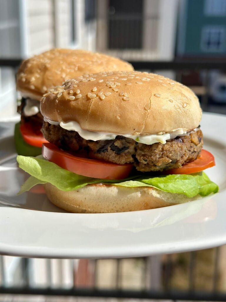 Homemade miso mushroom burger with charred spring onion mayo