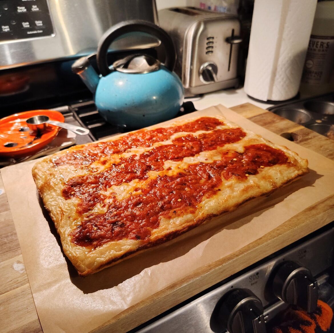homemade vegan detroit style pizza.