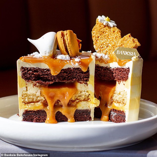 The cake - dubbed 'Mini Hive - consists of a honey caramel, vanilla sponge, and Italian buttercream, topped with cream cheese frosting, honeycomb and a macaron