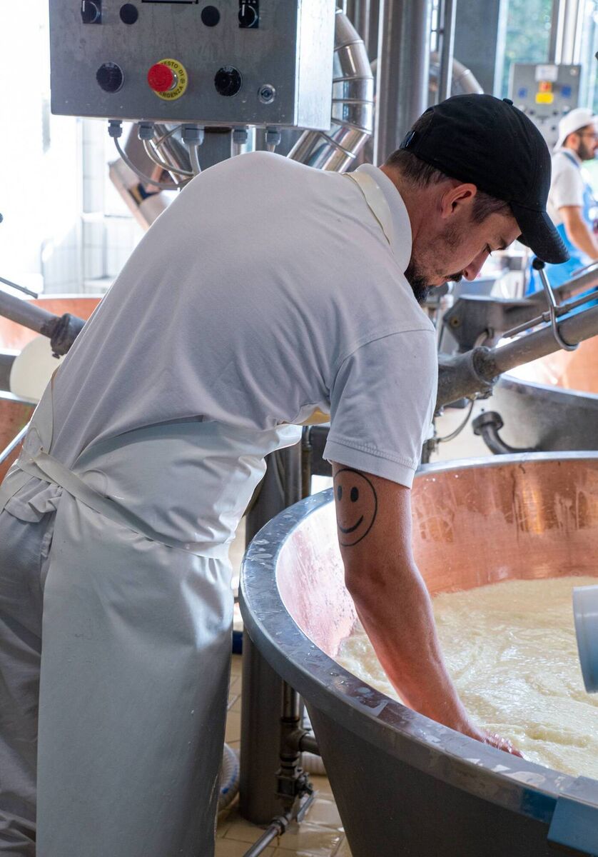 A worker carrying out the skilled job of coagulation at Caseificio Gennari. Picture: Laura Maniscalco.