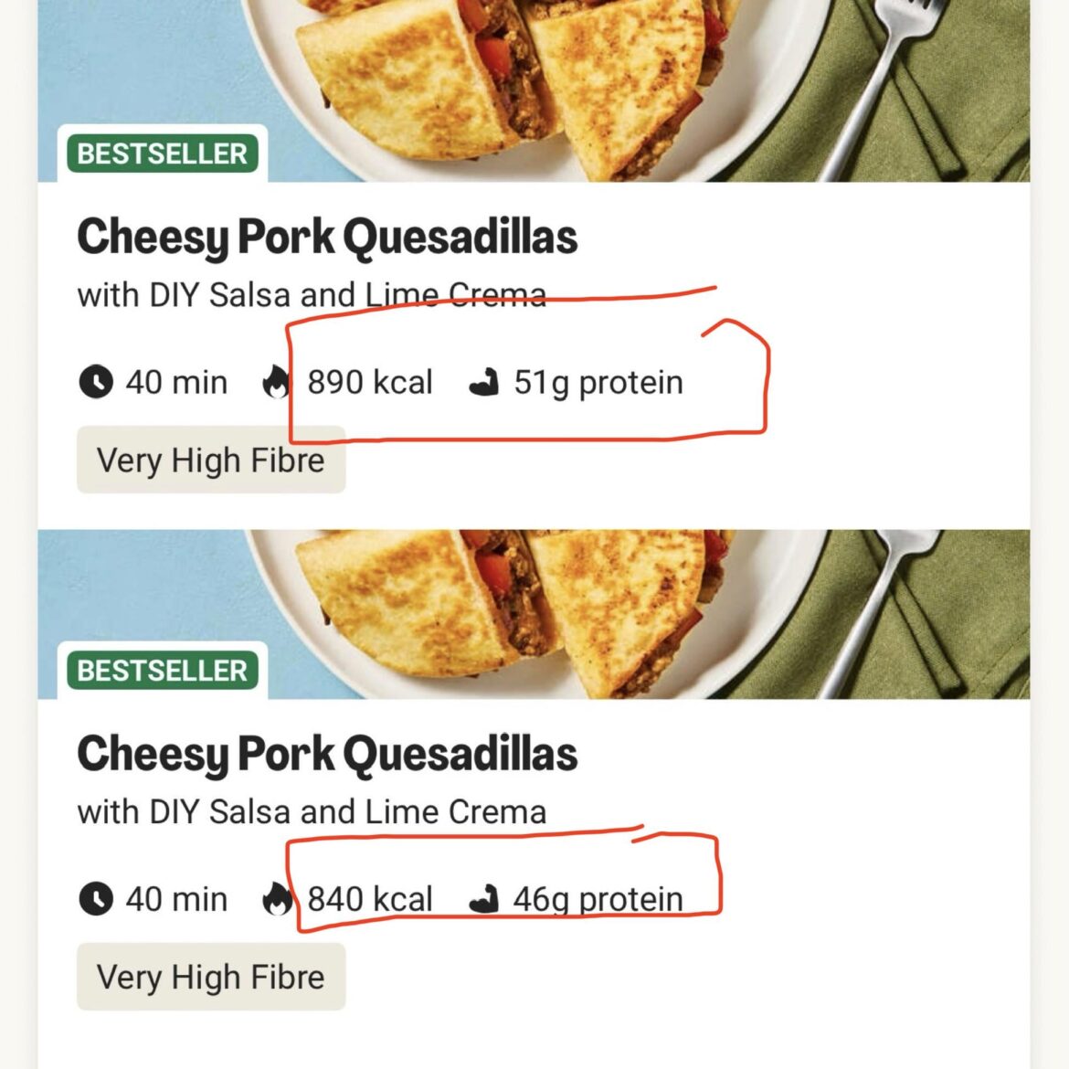 Identical ingredients. What’s going on? Recipes are just one week apart