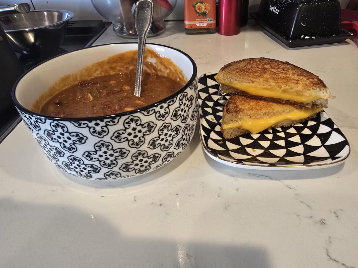 Parmesan sourdough cream cheese and Velveeta with chili