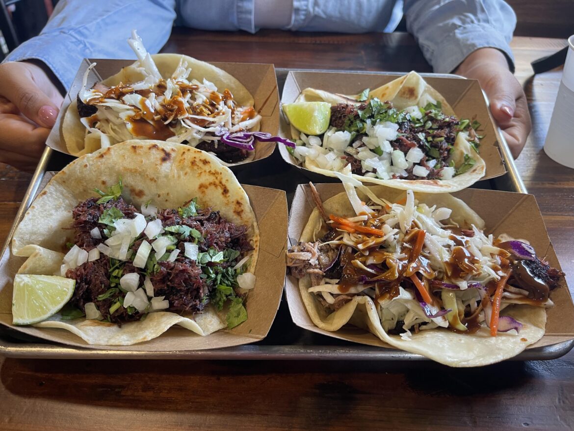 Moreno BBQ barbacoa, pulled pork, and pork belly tacos SLAP