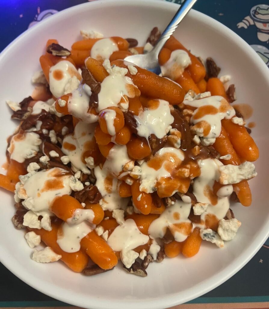carrot nachos w blue cheese, pecans, hot sauce, and ranch carrot nachos w blue cheese, pecans, hot sauce, and ranch