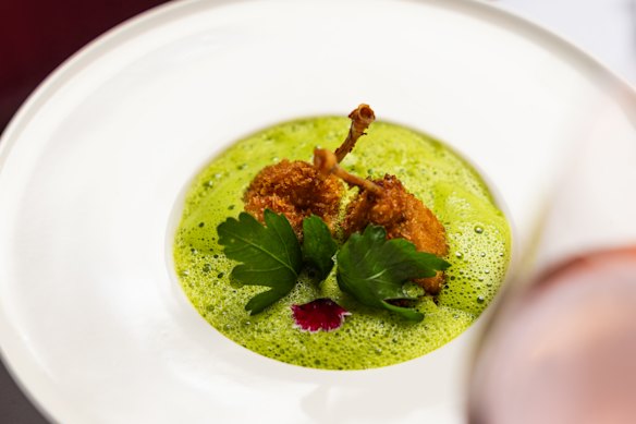 Crumbed frog legs with parsnip puree  and a parsley emulsion - just one of the more than 100 recipes featured in Bistronomie.