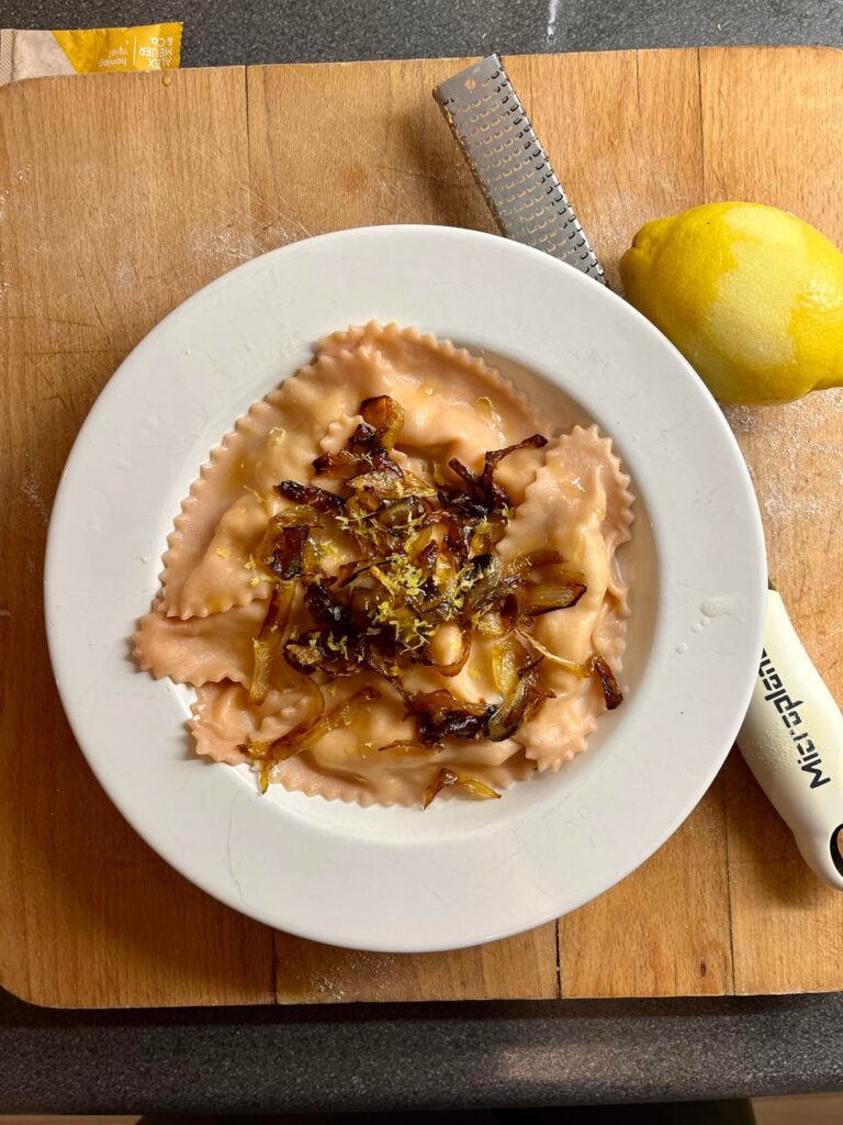 Homemade ravioli with goat cheese
