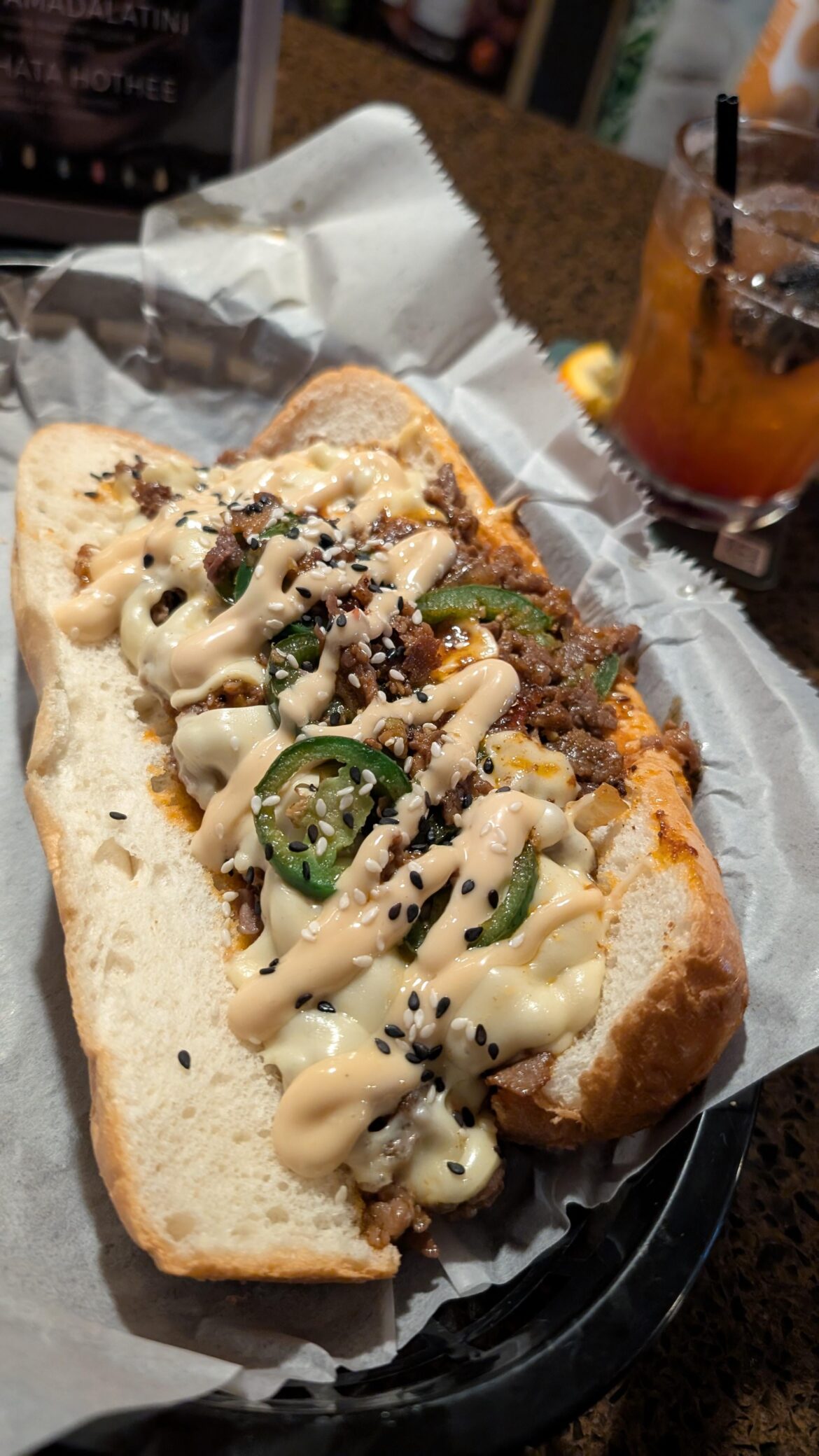 Teriyaki cheesesteak with a spicy Kewpie mayo, and sesame seeds on top