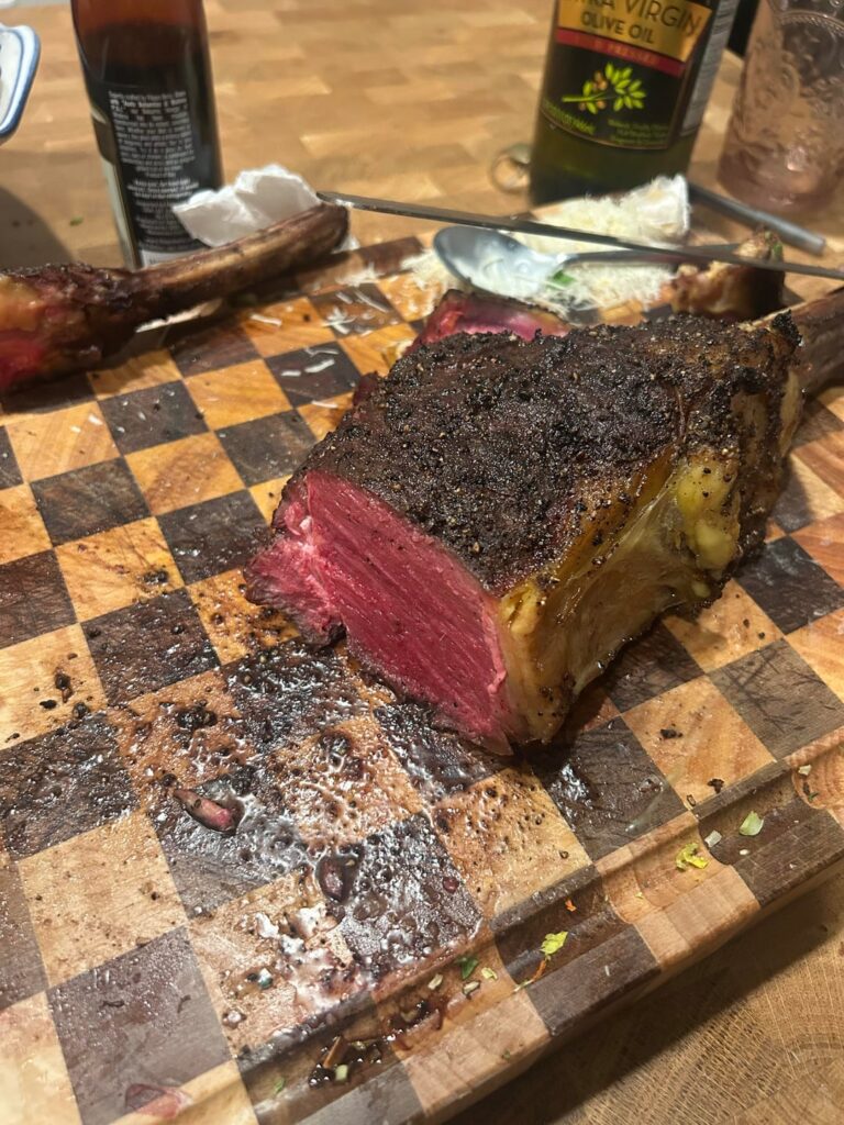 2lb bison tomahawks reverse seared with my sous vide and Kamado Joe!