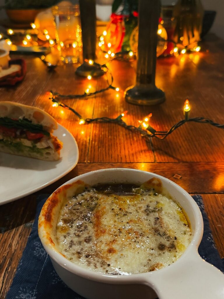 French onion soup and chx pesto sandwiches + cozy vibes for my husband.