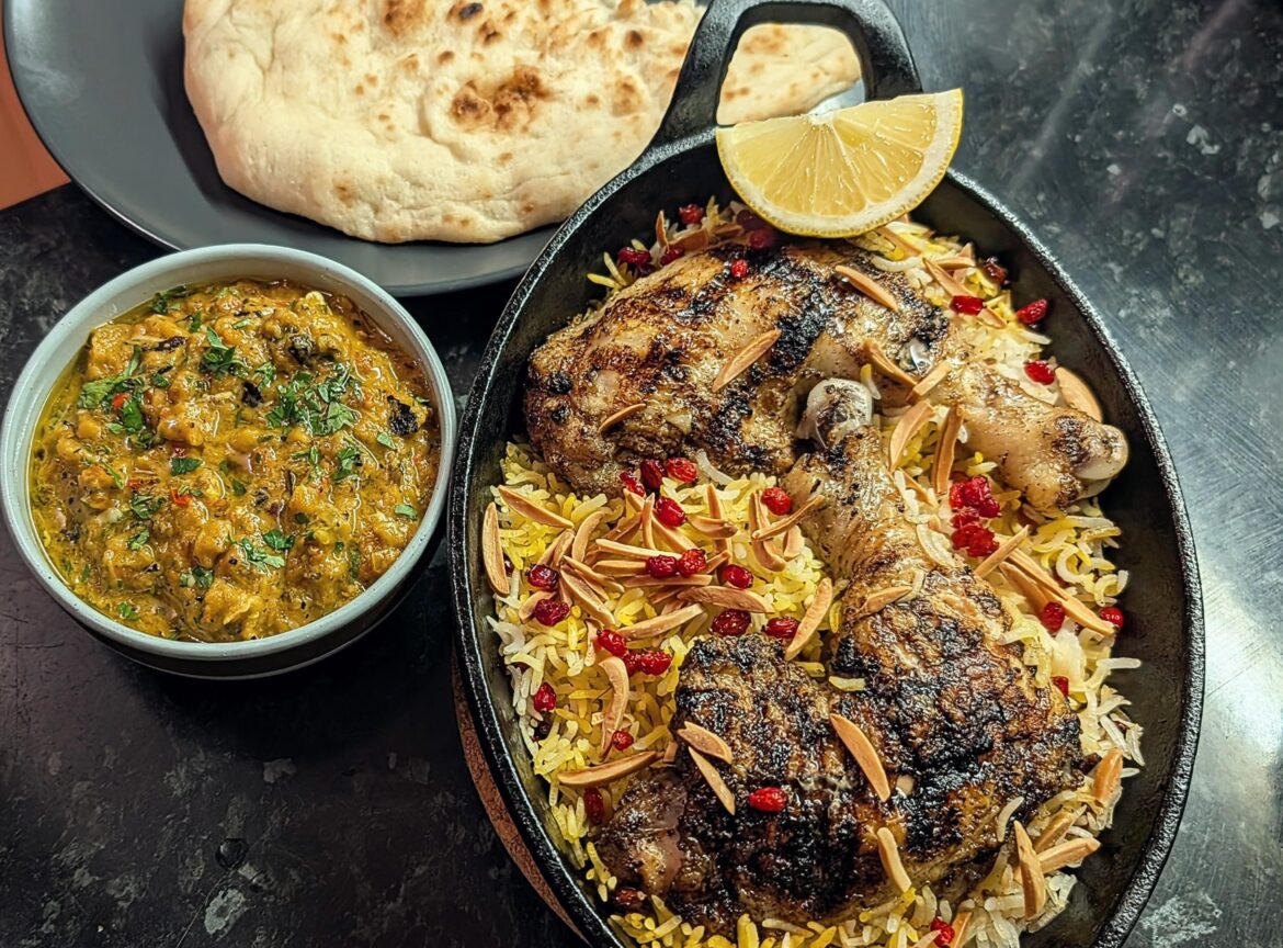 Persian rice & chicken, with mirza ghassemi