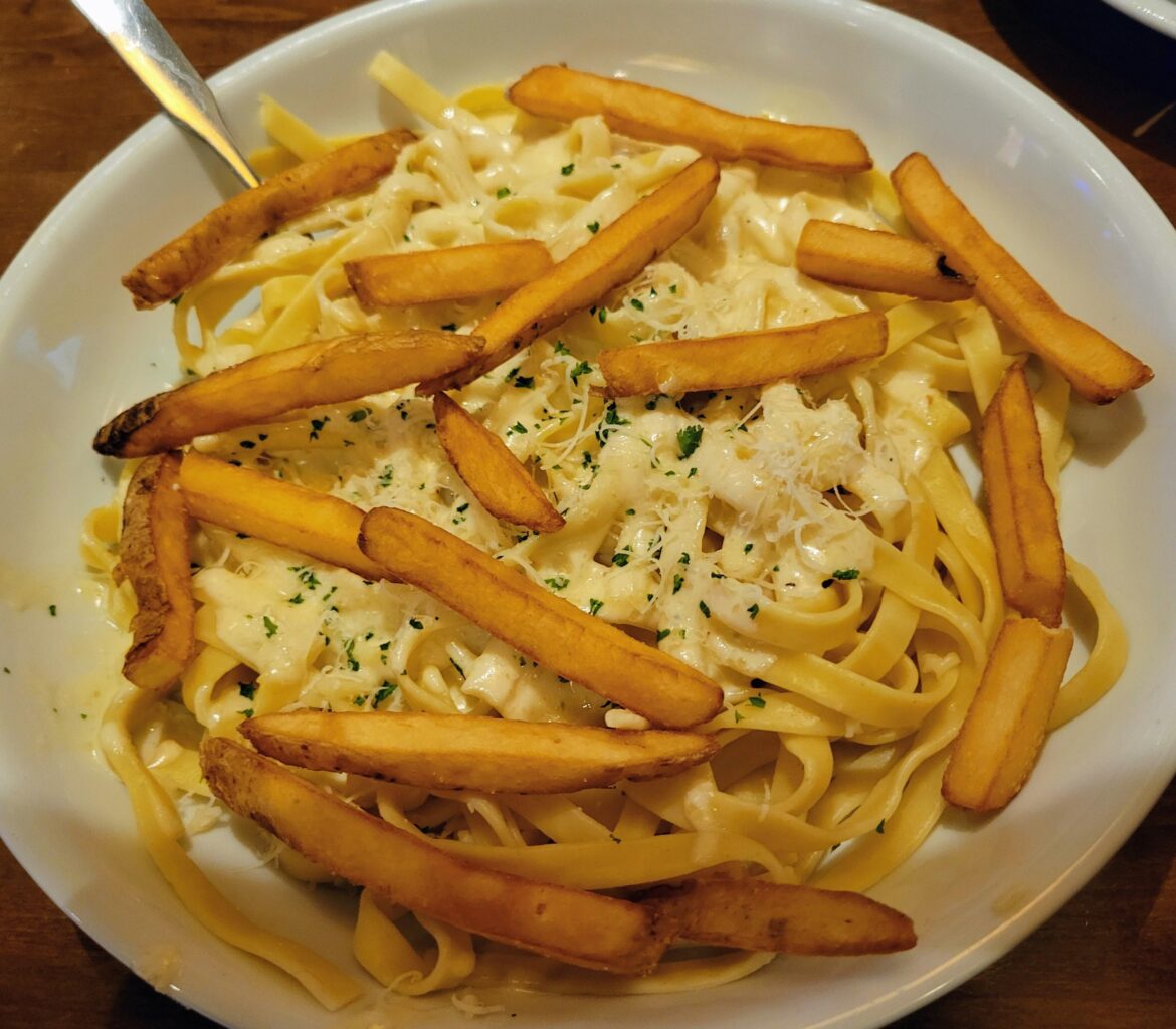 French fries on fettuccine
