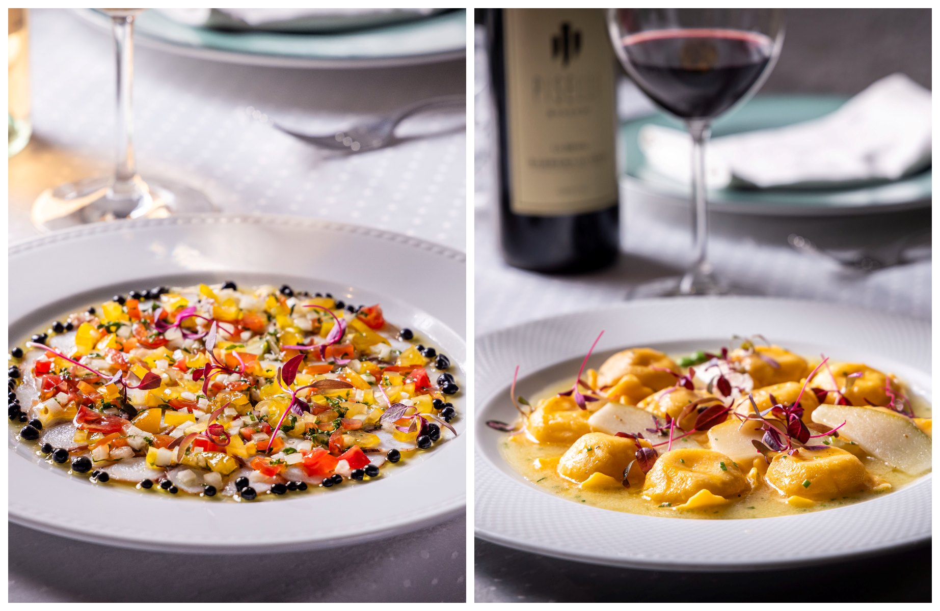 Octopus carpaccio with vinaigrette and squid ink spheres, and brie cheese ravioli with pear and truffle honey, from Piselli restaurant in Jardins. © Mario Rodrigues Junior/Piselli