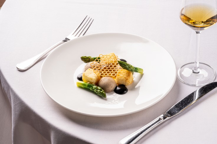 Foie Gras Terrine with Asparagus, Brioche, Black Truffle Purée and Tokaji Gelée, accompanied by Disznoko Tokaji Aszú 5 Puttonyos at Barolo Grill, Denver, Colorado (© Barolo Grill)