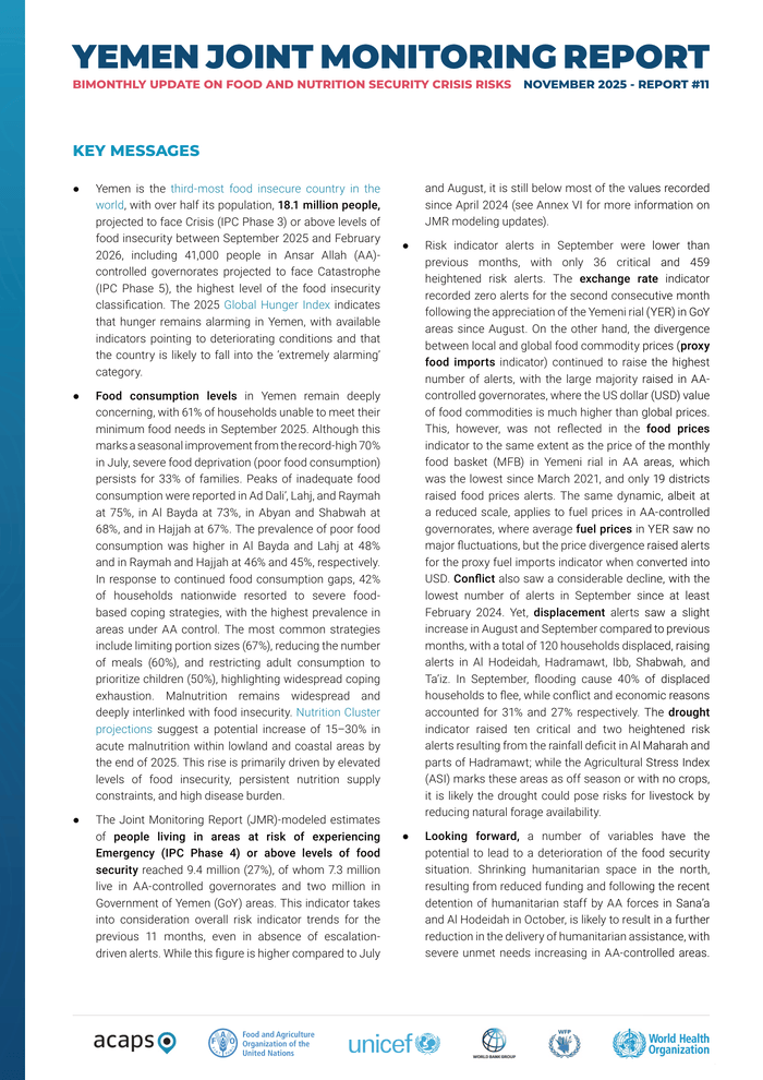Yemen Joint Monitoring Report: Bimonthly Update on Food and Nutrition Security Crisis Risks (November 2025, No 11) – Yemen Yemen Joint Monitoring Report: Bimonthly Update on Food and Nutrition Security Crisis Risks (November 2025, No 11) - Yemen