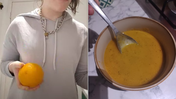 Holding orange/the completed soup