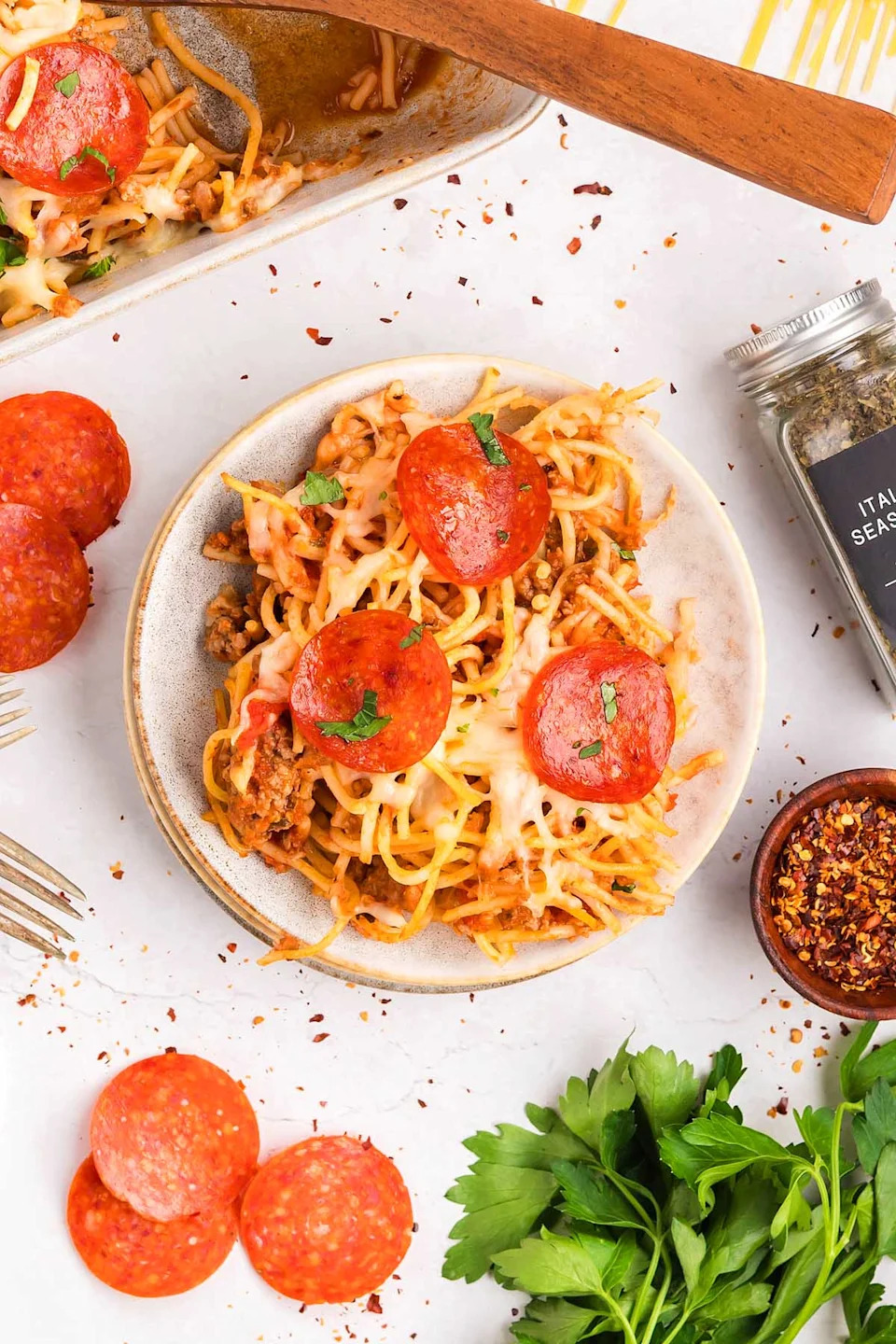 A close up shot spaghetti pizza.