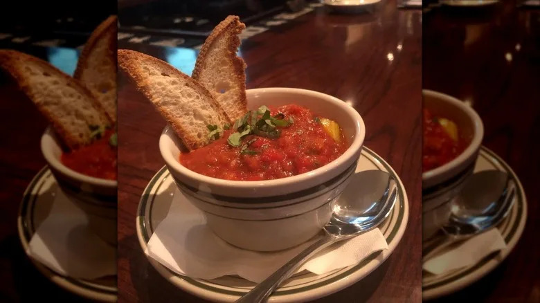 Italian gazpacho with toasted bread slices on wooden table