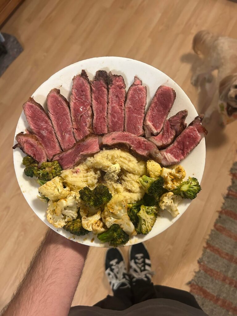 Steak and mashed potatoes with broccolini and cauliflower yay
