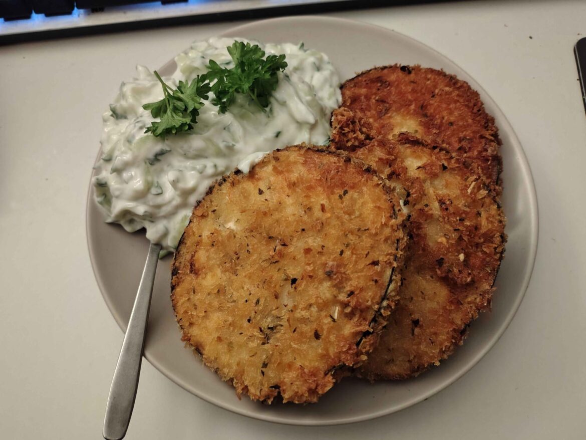 Fried aubergine and tzatziki