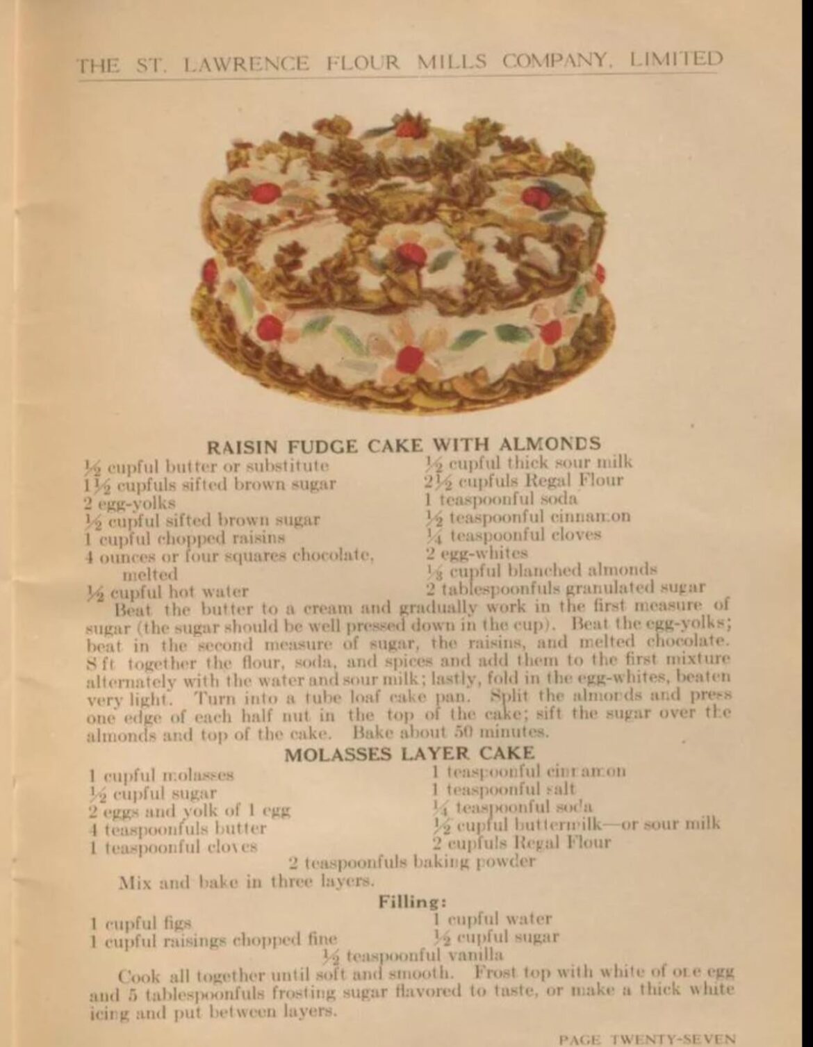 Raisin Fudge Cake with Almonds from 1927.
