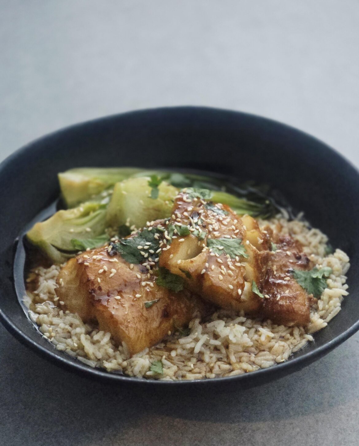 Teriyaki Cod with ginger scallion rice, baby bok choy and miso broth