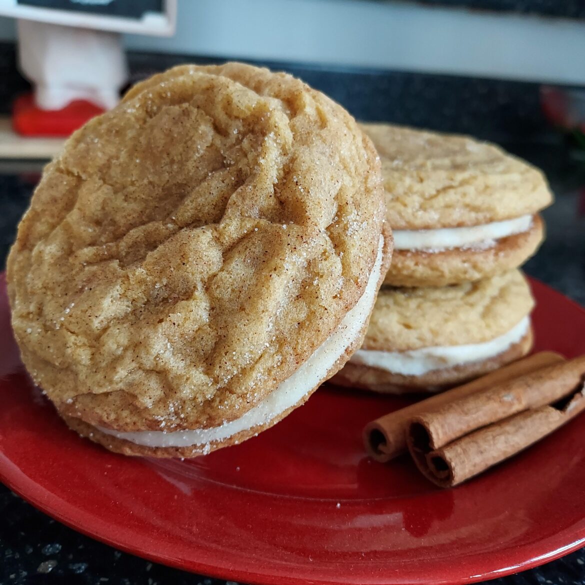 Snickerdoodle sandwiches with maple vanilla buttercream