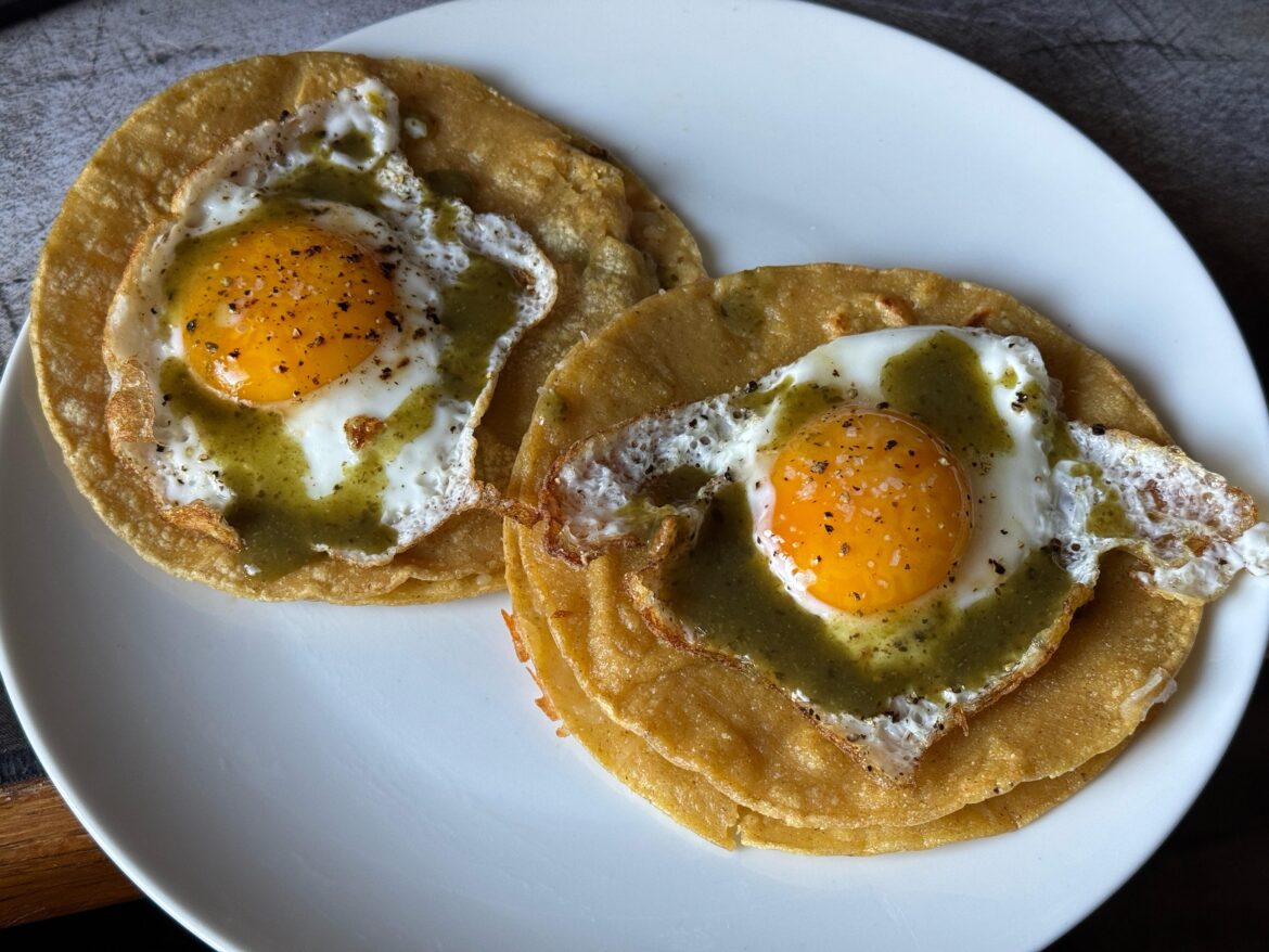 Corn quesadilla with Queso Oaxaca along with green salsa and eggs. Breakfast tacos :)
